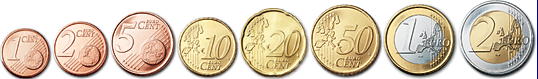 左から1,2,5,10,20,50のEURO CENT)硬貨、残りの2枚が1EURO2EURO硬貨